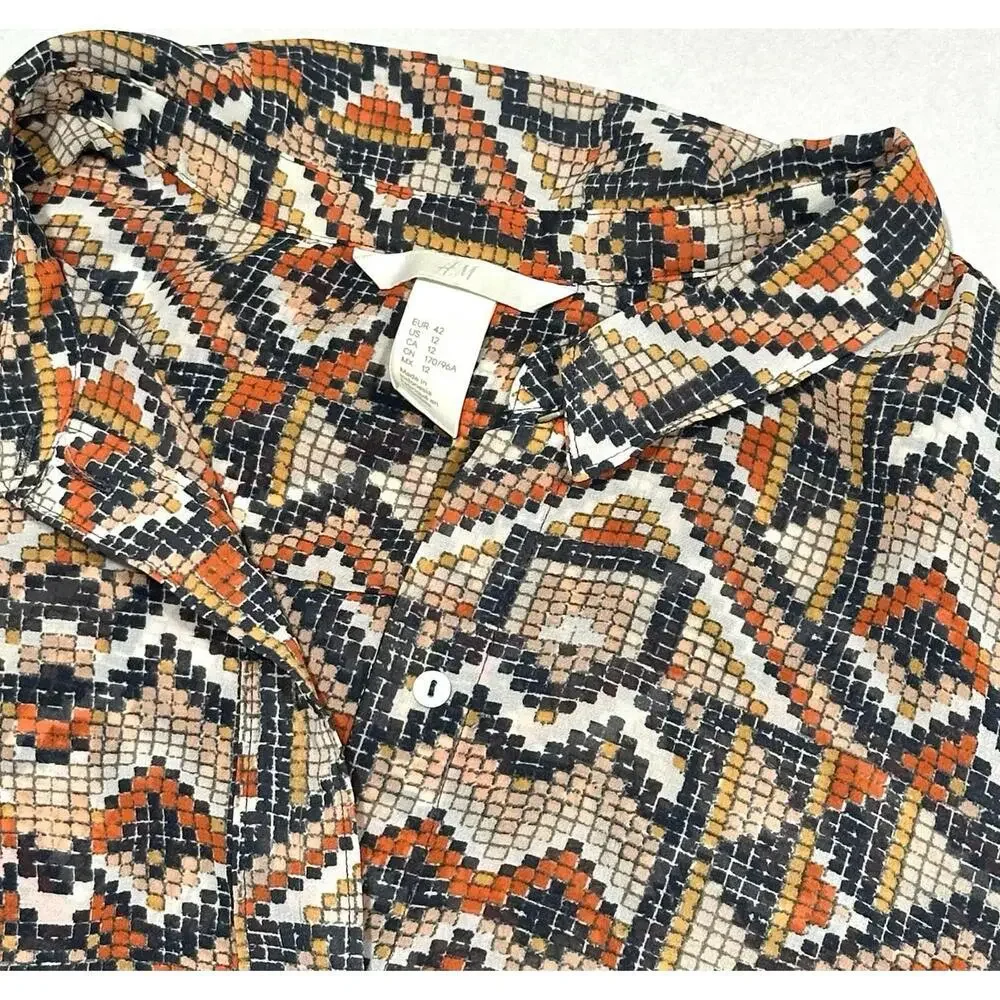 H&M Wonens Blouse Top Button Up Sleeveless Geometric Pattern Multicolor Size 12 - Picture 10 of 12